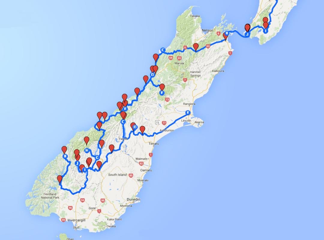 mapa južnoj ostrvo novi zeland