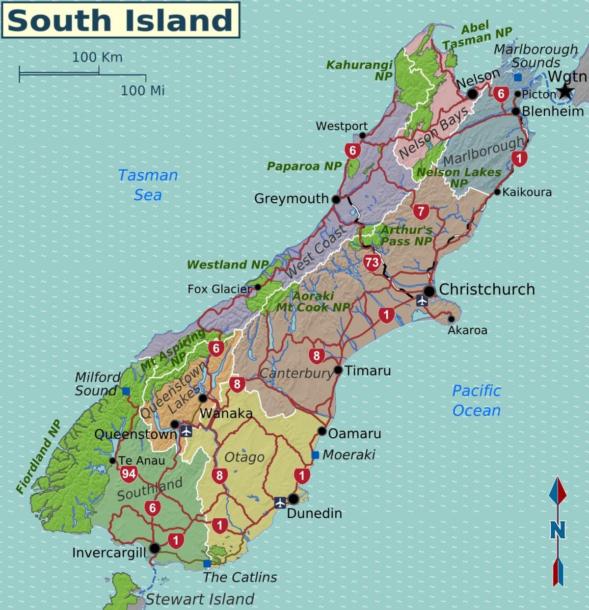 Mapa na jug otoka novi zeland regionima