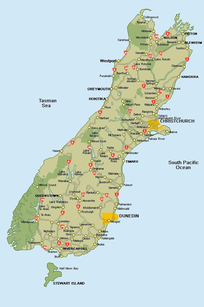 novi zeland mapu južno ostrvo mapu