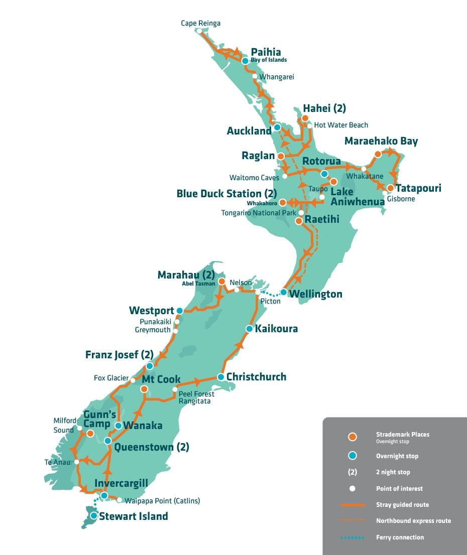 novi zeland atrakcija mapu