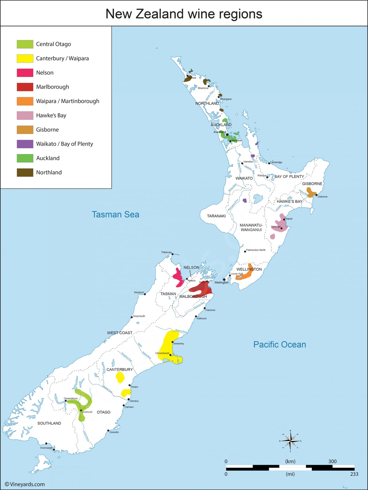 novi zeland vino regionima mapu