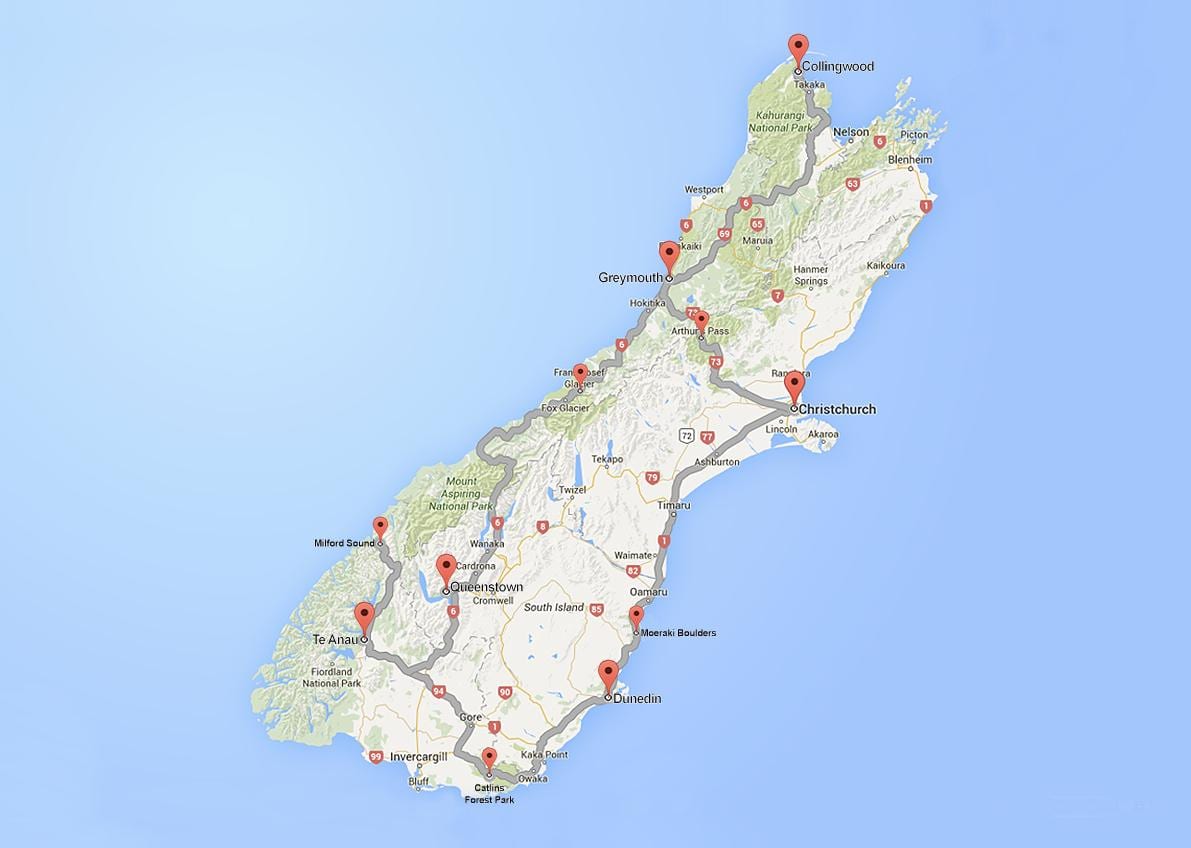 detaljne mapa puteva južno ostrvo novi zeland