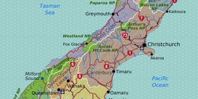Mapa na jug otoka novi zeland regionima