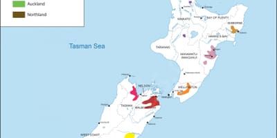 Novi zeland vino regionima mapu